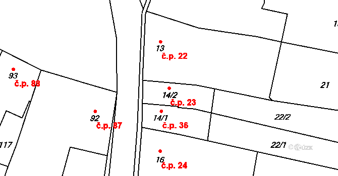 Miletín 23 na parcele st. 14/2 v KÚ Miletín, Katastrální mapa