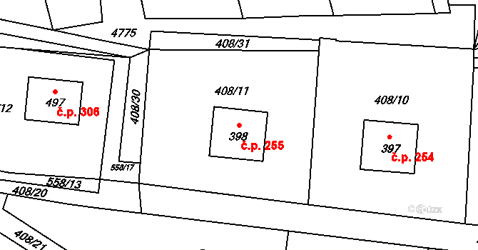 Kunčina 255 na parcele st. 398 v KÚ Kunčina, Katastrální mapa