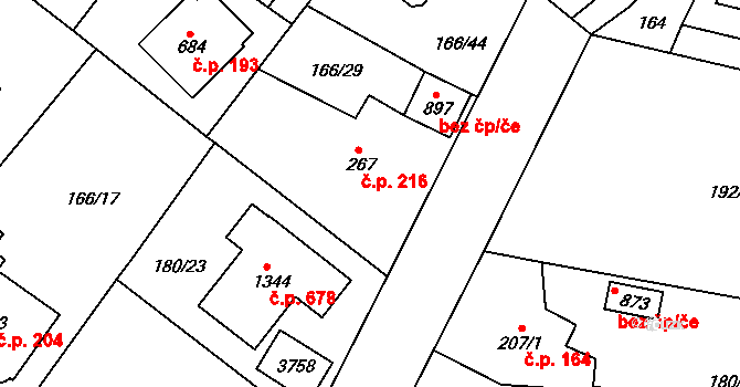 Velké Popovice 216 na parcele st. 267 v KÚ Velké Popovice, Katastrální mapa