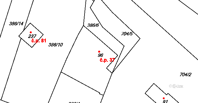 Bžany 37 na parcele st. 96 v KÚ Bžany, Katastrální mapa