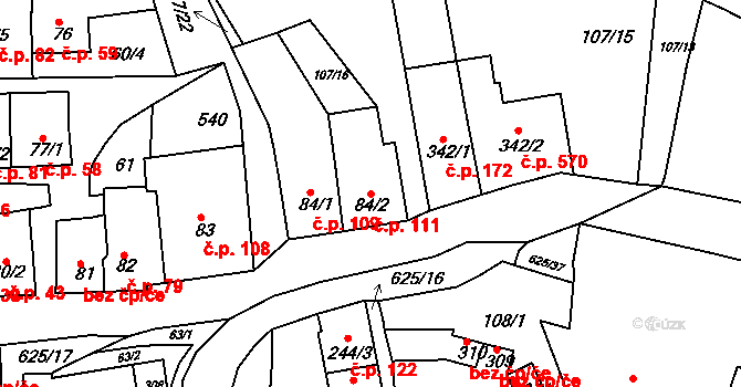 Zámostí 111, Třebíč na parcele st. 84/2 v KÚ Podklášteří, Katastrální mapa