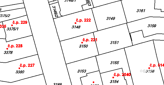 Černá Pole 221, Brno na parcele st. 3150 v KÚ Černá Pole, Katastrální mapa