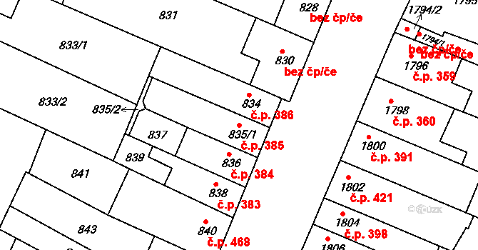 Žabovřesky 385, Brno na parcele st. 835/1 v KÚ Žabovřesky, Katastrální mapa