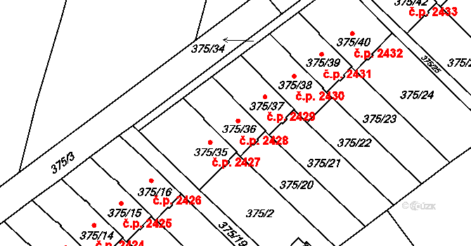 Tábor 2428 na parcele st. 375/36 v KÚ Klokoty, Katastrální mapa