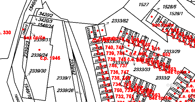 Pelhřimov 738,745 na parcele st. 2333/8 v KÚ Pelhřimov, Katastrální mapa