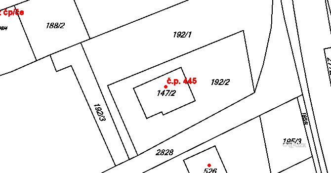 Roštín 445 na parcele st. 147/2 v KÚ Roštín, Katastrální mapa