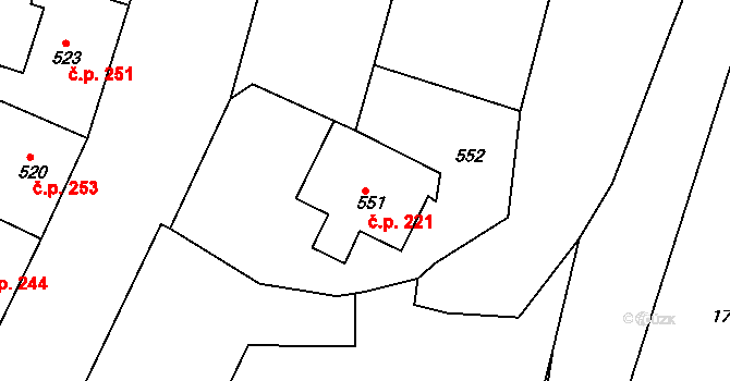 Hlubočepy 221, Praha na parcele st. 551 v KÚ Hlubočepy, Katastrální mapa