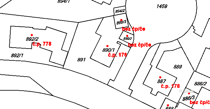 Jinonice 176, Praha na parcele st. 890/1 v KÚ Jinonice, Katastrální mapa