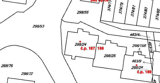 Motol 187,188, Praha na parcele st. 298/24 v KÚ Motol, Katastrální mapa