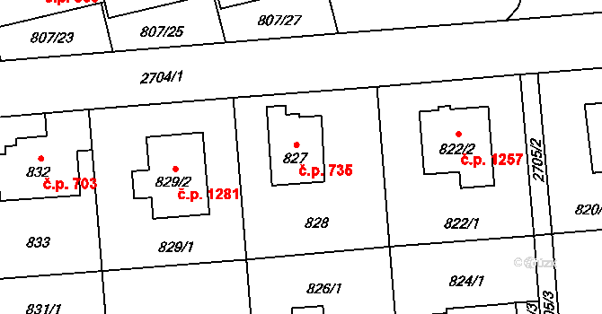 Kyje 735, Praha na parcele st. 827 v KÚ Kyje, Katastrální mapa