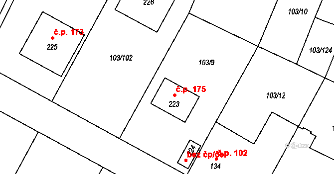Břežany II 175 na parcele st. 223 v KÚ Břežany II, Katastrální mapa