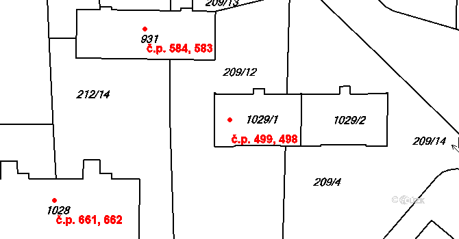 Rožmitál pod Třemšínem 498,499 na parcele st. 1029/1 v KÚ Rožmitál pod Třemšínem, Katastrální mapa