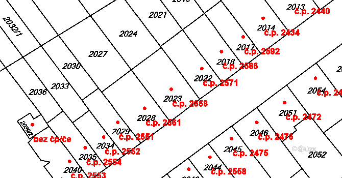 Chomutov 2658 na parcele st. 2023 v KÚ Chomutov II, Katastrální mapa