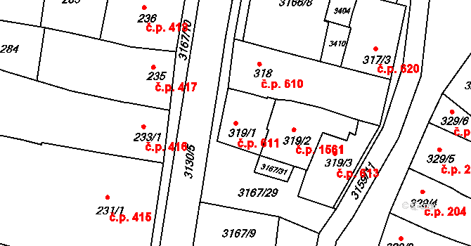 Ivančice 611 na parcele st. 319/1 v KÚ Ivančice, Katastrální mapa