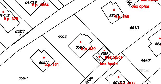 Ráj 330, Karviná na parcele st. 659/3 v KÚ Ráj, Katastrální mapa
