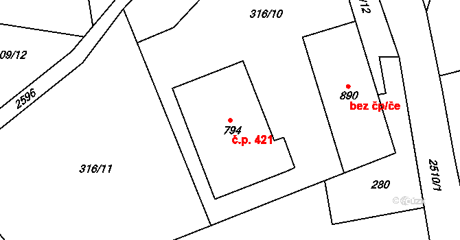 Pernink 421 na parcele st. 794 v KÚ Pernink, Katastrální mapa