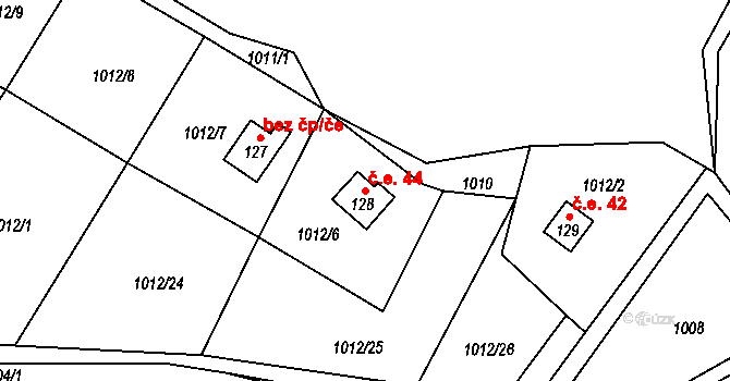 Kundratice 44, Hlinná na parcele st. 128 v KÚ Tlučeň, Katastrální mapa