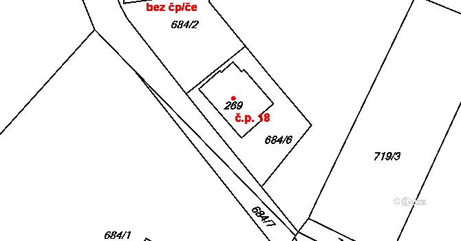 Poušť 18, Záhornice na parcele st. 269 v KÚ Záhornice u Městce Králové, Katastrální mapa