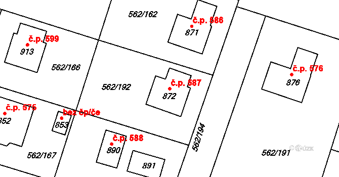 Lázně Bělohrad 587 na parcele st. 872 v KÚ Lázně Bělohrad, Katastrální mapa