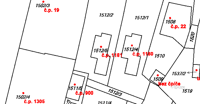 Kosmonosy 1181 na parcele st. 1512/5 v KÚ Kosmonosy, Katastrální mapa