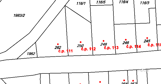 Želetava 112 na parcele st. 250 v KÚ Želetava, Katastrální mapa