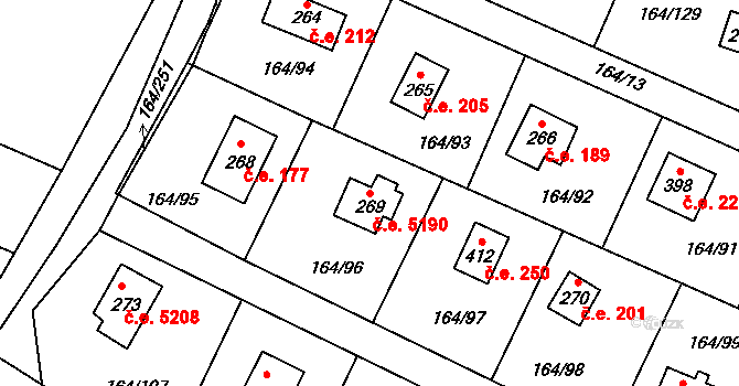 Doubravčice 5190 na parcele st. 269 v KÚ Doubravčice, Katastrální mapa