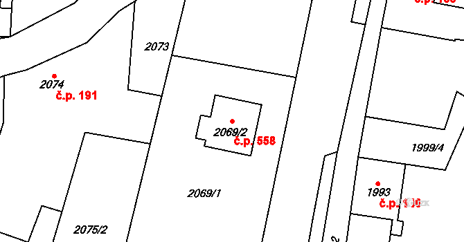 Velká Bíteš 558 na parcele st. 2069/2 v KÚ Velká Bíteš, Katastrální mapa