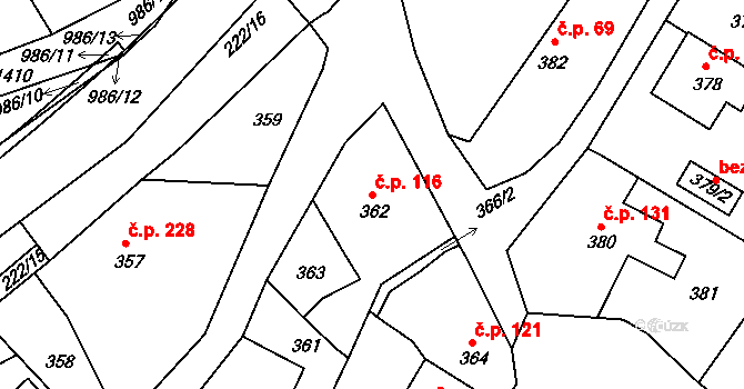 Štípa 116, Zlín na parcele st. 362 v KÚ Štípa, Katastrální mapa