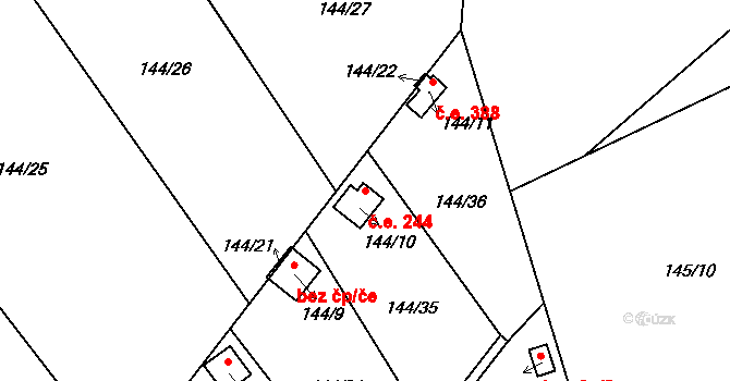 Stradov 244, Chlumec na parcele st. 144/10 v KÚ Stradov u Chabařovic, Katastrální mapa