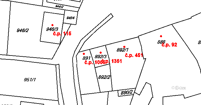 Hulín 1351 na parcele st. 892/3 v KÚ Hulín, Katastrální mapa