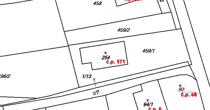 Borek 171, Rokycany na parcele st. 254 v KÚ Borek u Rokycan, Katastrální mapa