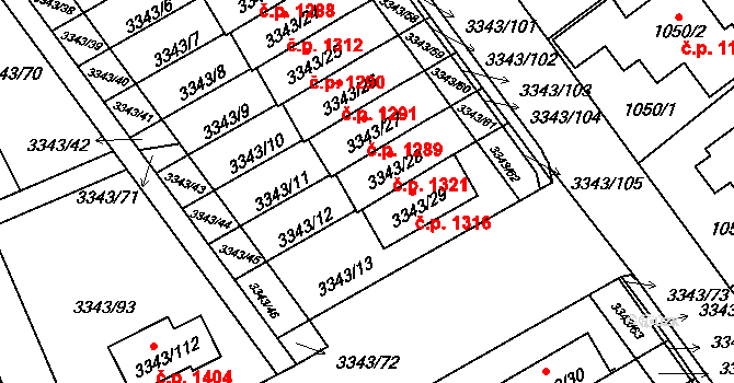 Třešť 1321 na parcele st. 3343/28 v KÚ Třešť, Katastrální mapa