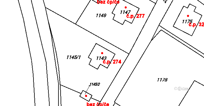 Česká Ves 274 na parcele st. 1143 v KÚ Česká Ves, Katastrální mapa