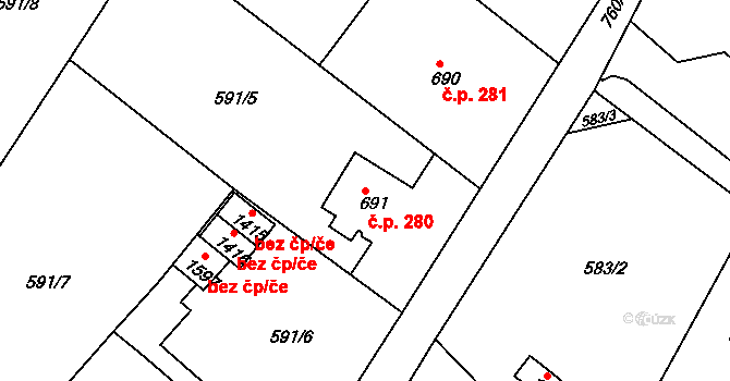 Broumov 280 na parcele st. 691 v KÚ Broumov, Katastrální mapa