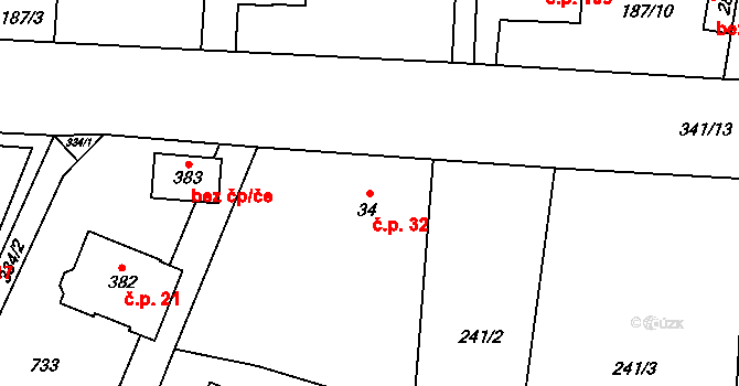 Černá za Bory 32, Pardubice na parcele st. 34 v KÚ Černá za Bory, Katastrální mapa