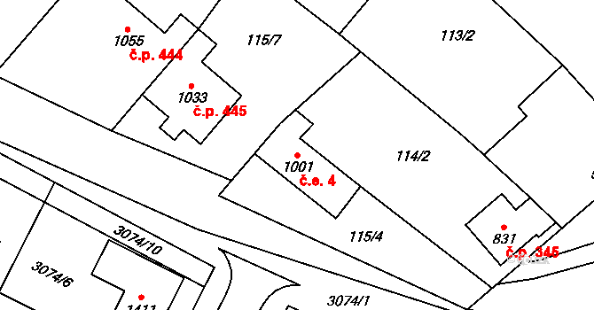 Březí 4 na parcele st. 1001 v KÚ Březí u Mikulova, Katastrální mapa