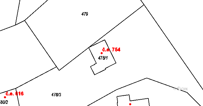 Hradištko 754 na parcele st. 478/1 v KÚ Hradištko u Sadské, Katastrální mapa
