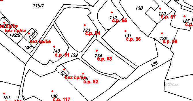 Štramberk 53 na parcele st. 134 v KÚ Štramberk, Katastrální mapa
