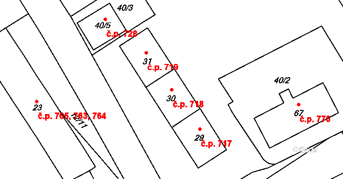 Kopřivnice 718 na parcele st. 30 v KÚ Kopřivnice, Katastrální mapa