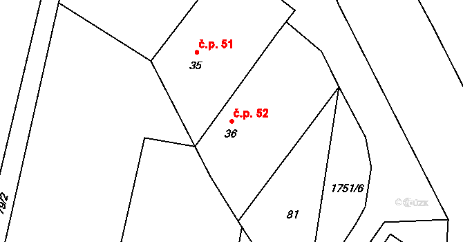 Holedeč 52 na parcele st. 36 v KÚ Holedeč, Katastrální mapa