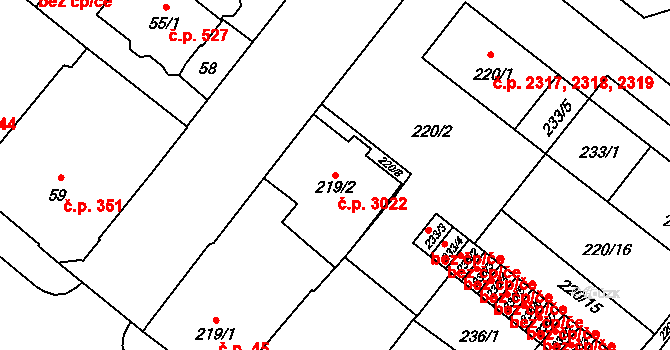 Předměstí 3022, Opava na parcele st. 219/2 v KÚ Opava-Předměstí, Katastrální mapa