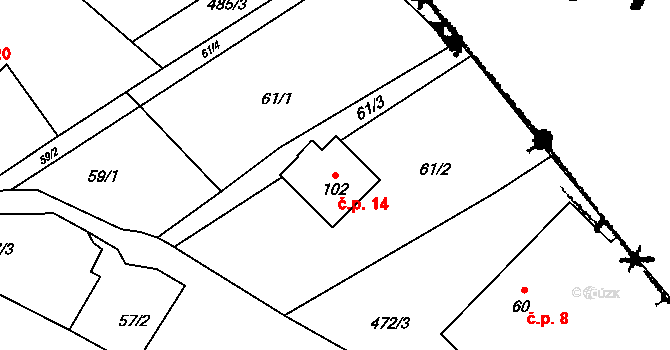 Mokré 14 na parcele st. 102 v KÚ Mokré, Katastrální mapa