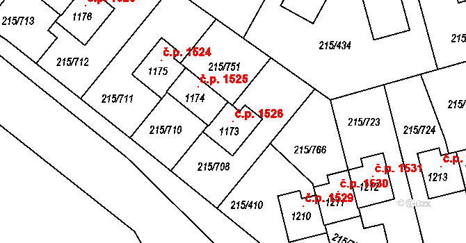 Rudná 1526 na parcele st. 1173 v KÚ Hořelice, Katastrální mapa