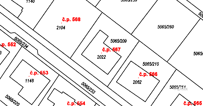 Zaječí 567 na parcele st. 2022 v KÚ Zaječí, Katastrální mapa