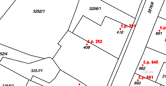 Dobřany 262 na parcele st. 409 v KÚ Dobřany, Katastrální mapa