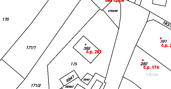 Vémyslice 281 na parcele st. 388 v KÚ Vémyslice, Katastrální mapa