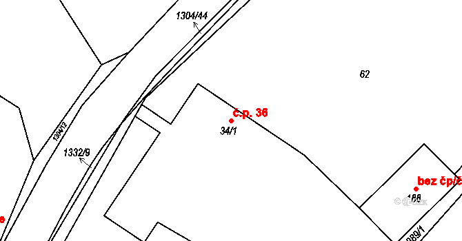 Partutovice 36 na parcele st. 34/1 v KÚ Partutovice, Katastrální mapa
