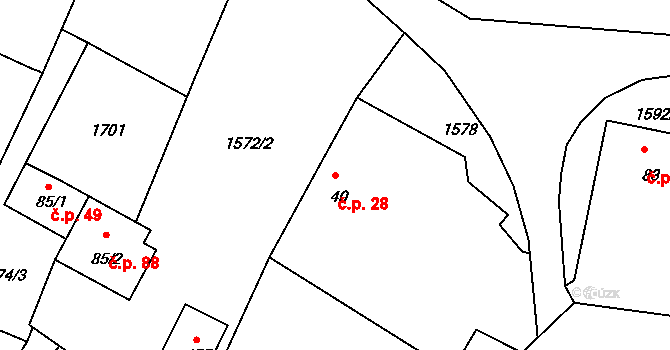 Hůrky 28, Lišov na parcele st. 40 v KÚ Hůrky u Lišova, Katastrální mapa