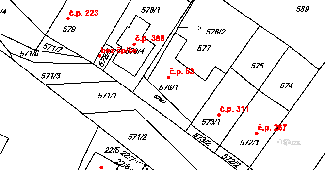Kačice 53 na parcele st. 576/1 v KÚ Kačice, Katastrální mapa