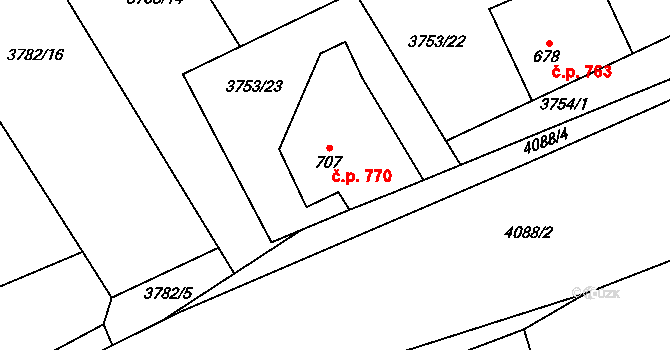 Měrkovice 770, Kozlovice na parcele st. 707 v KÚ Měrkovice, Katastrální mapa